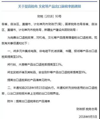 財(cái)政部上調(diào)機(jī)電、文化產(chǎn)品出口退稅率，助力外貿(mào)企業(yè)降本增效